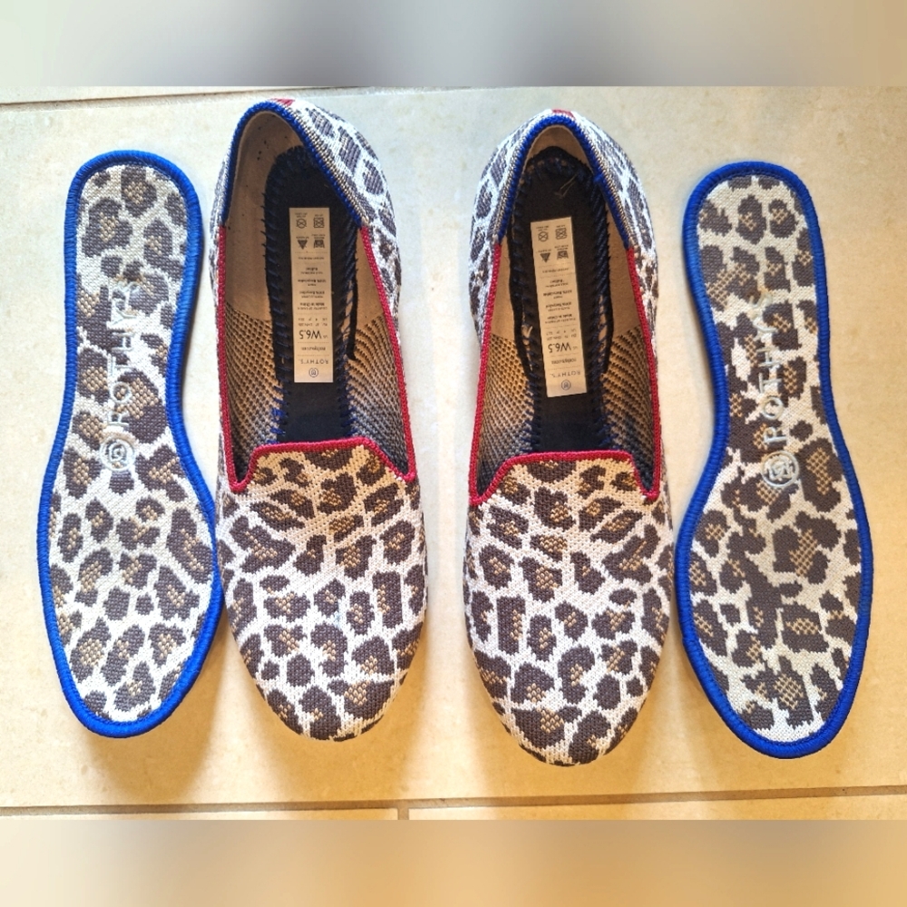 Rothy's women's leopard print with red and blue detail round toe flats -size 6.5 - Picture 7 of 10